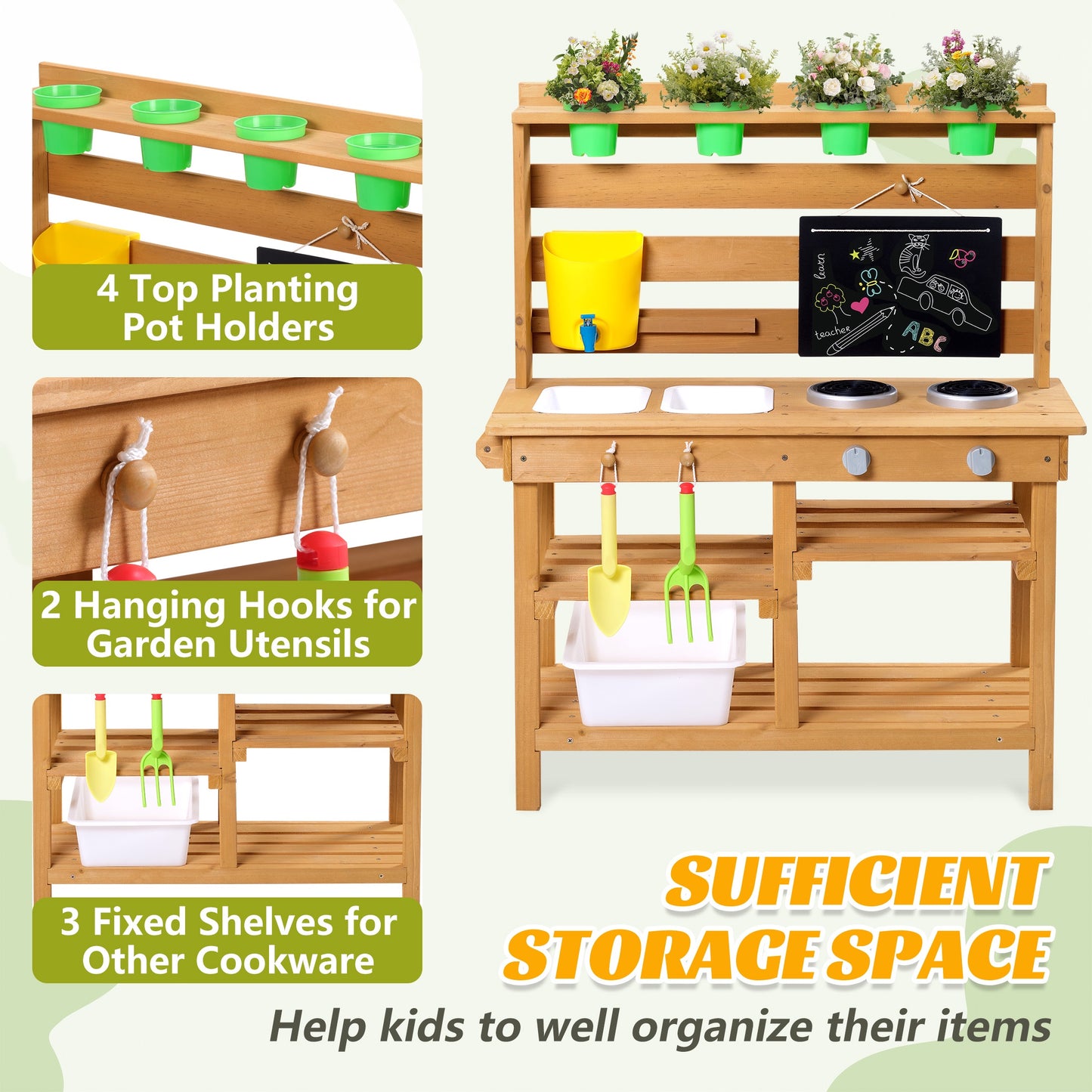 Legahome Kitchen Toys for Boys Girls Kids, Wooden Outdoor Mud Kitchen Kids Kitchen Playset Kids Play Kitchen Toy Set with Sand and Water Pan, Play Sink, Pretend Toy Kitchen Set for Kids Birthday Gifts
