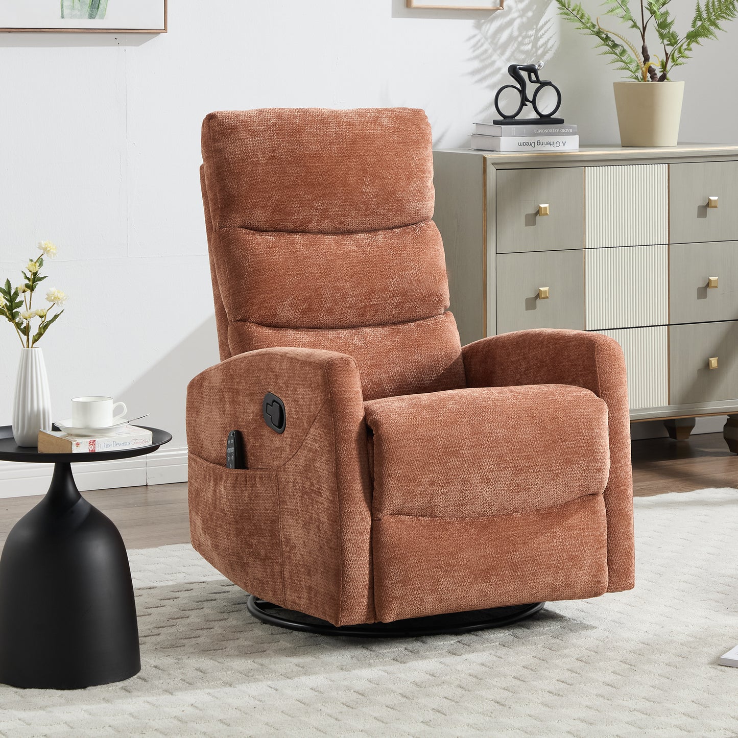 Swivel Rocker Recliner, 360° Swivel Glider Chair with Heat and Massage, Manual Recliner Nursery Chair with Side Pockets for Living Room, PU Leather, Red