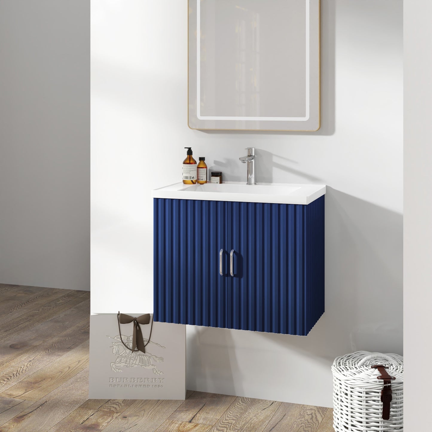 24" Wall Mounted Floating Bathroom Vanity for Small Space, Modern Vanity Storage Cabinet with Porcelain Sink and Soft Close Doors