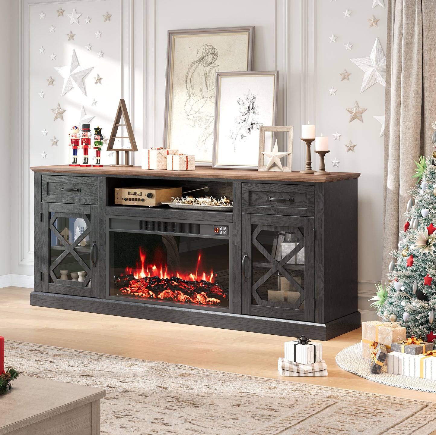 Fireplace TV Stand, LEGAHOME 70in TV Stand with 30in Fireplace for 80 inch TVs, Farmhouse Entertainment Center for Living Room, 500Sqt Heating Area, Black