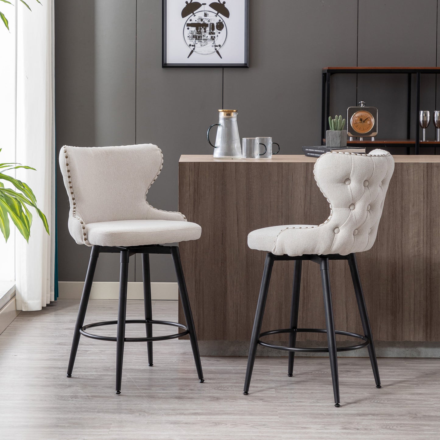 Counter Height Bar Stools Set of 2, Velvet Upholstered Bar Chairs with Nailheads & Gold Tipped Black Metal Legs, Beige