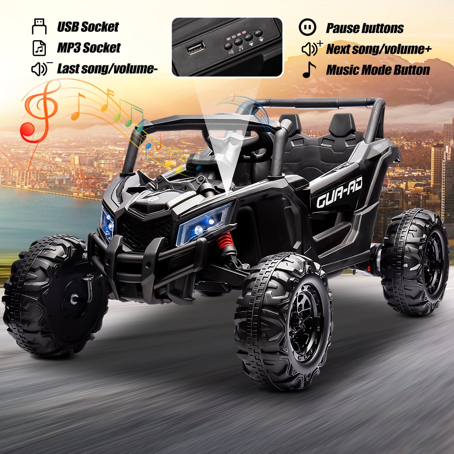 Powered Ride on Toy UTV for Boys, 24 Volt Ride on Cars with Remote Control, Bluetooth, Music Player, Spring Suspension, LED Lights, Larger Seat 4 Wheeler Electric Cars for Kids Girls Gifts, Black
