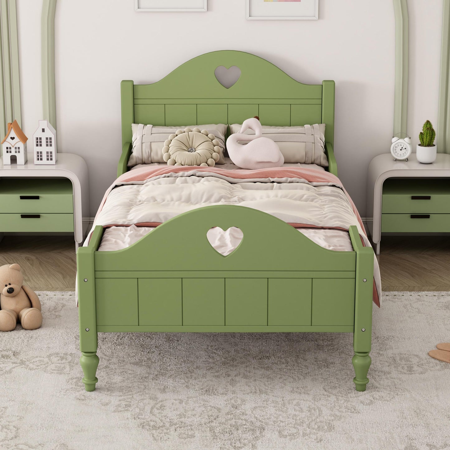 Twin Bed Frames for Girls, Princess Bed Platform No Box Spring Needed, Wood Twin Size Bed Frame with Headboard and Footboard, Side Safety Rails, Macaron Green