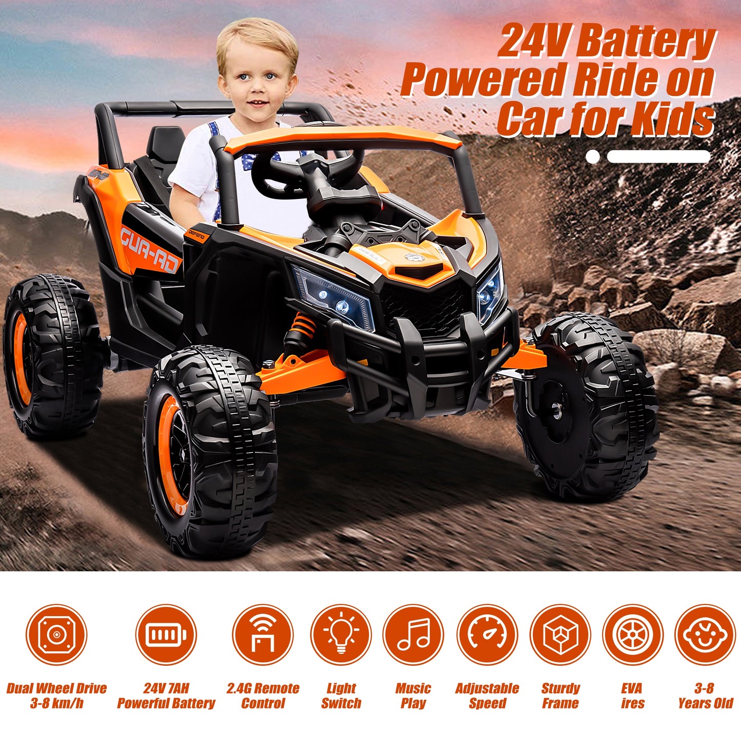 Powered Ride on Toy UTV for Boys, 24 Volt Ride on Cars with Remote Control, Bluetooth, Music Player, Spring Suspension, LED Lights, Larger Seat 4 Wheeler Electric Cars for Kids Girls Gifts, Orange