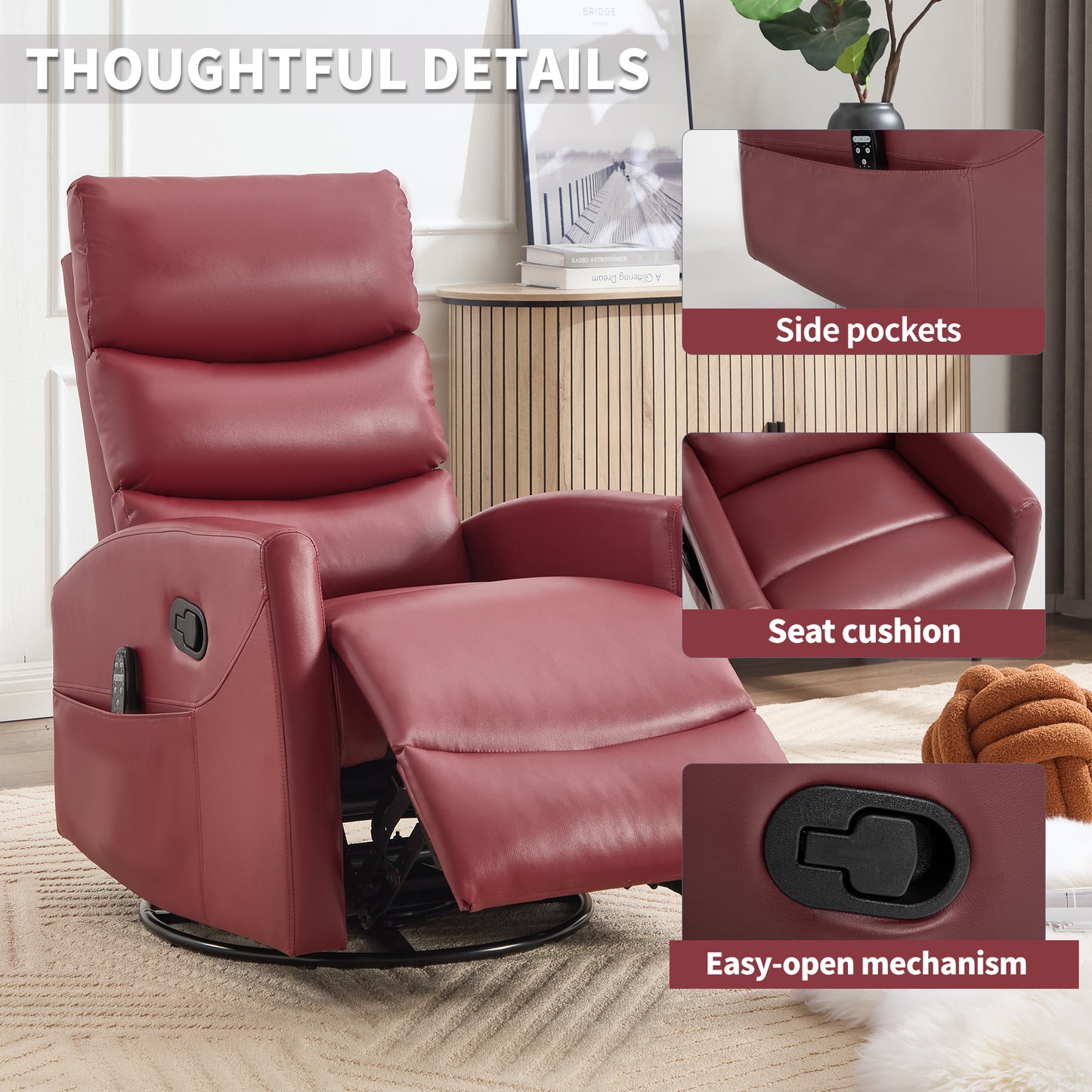 Swivel Rocker Recliner, 360° Swivel Glider Chair with Heat and Massage, Manual Recliner Nursery Chair with Side Pockets for Living Room, PU Leather, Red