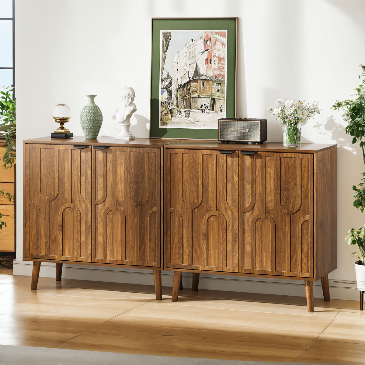 Sideboard Buffet Cabinet with 2 Doors, LEGAHOME Mid-Century Modern Storage Cabinet, Wood Sideboard Cabinet, Coffee Bar Table for Living Room Dinning Room Kitchen, Walnut