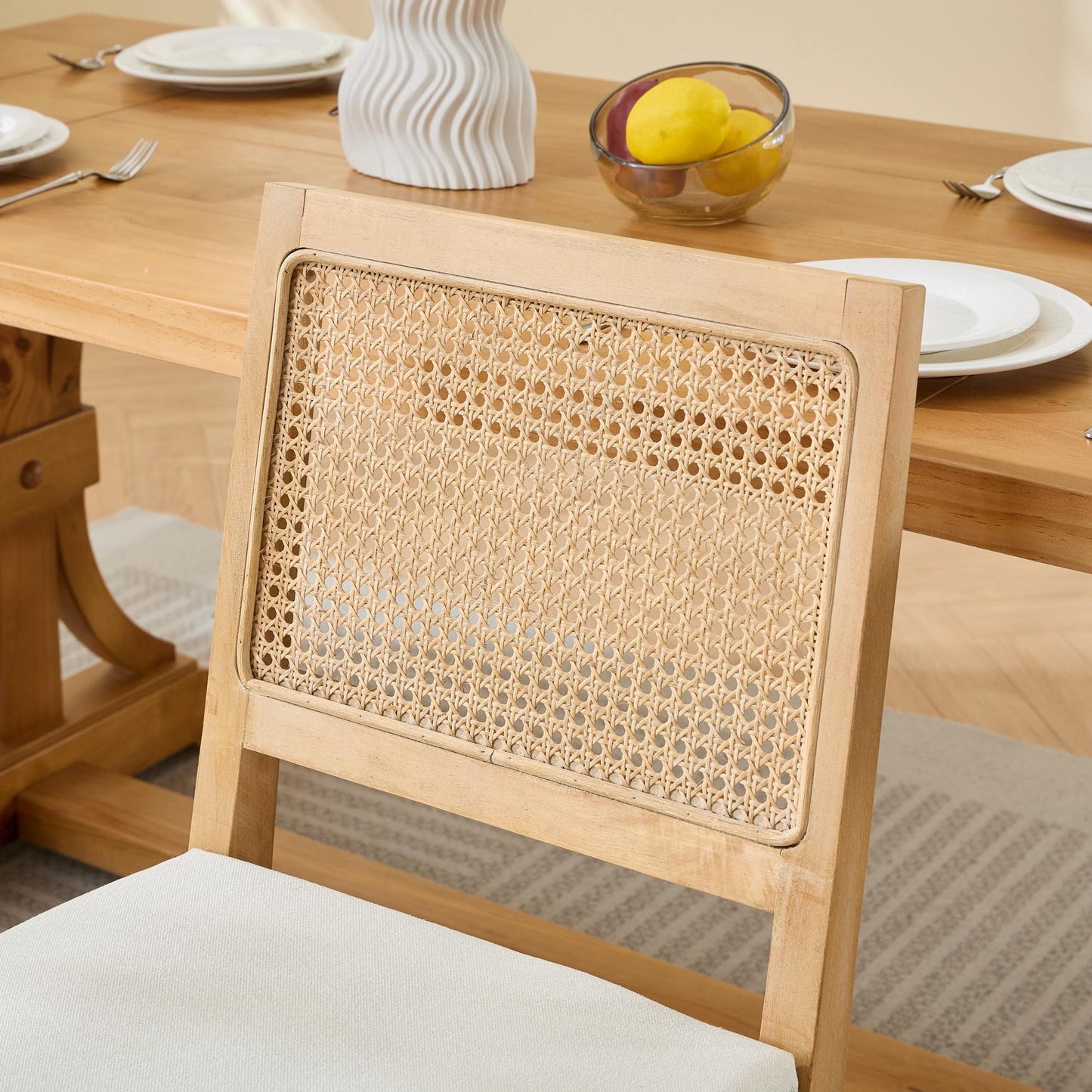 Dining Chairs Set of 2, Modern Farmhouse Dining Chair with Cane Back, LEGAHOME Upholstered Kitchen Chair, Wood Side Chair for Kitchen Dining Room, Beige
