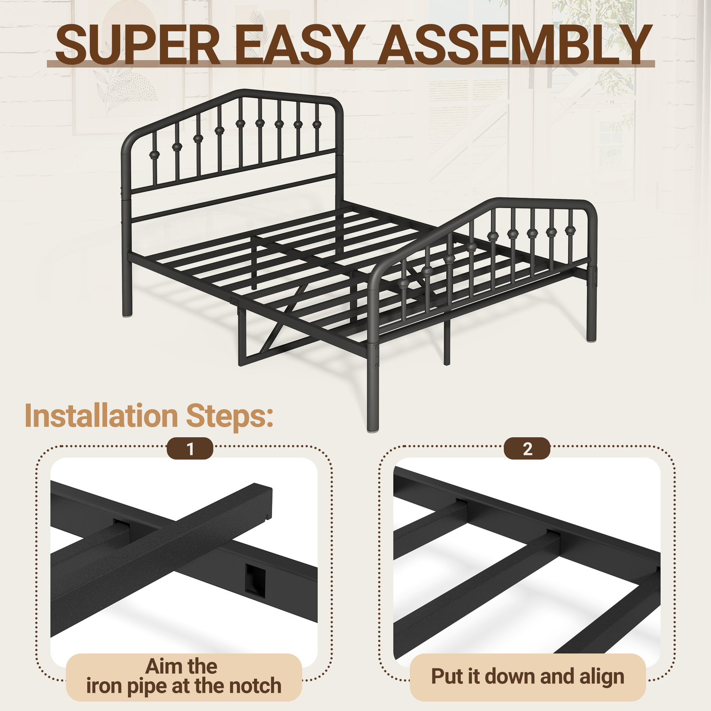 Metal Full Size Bed Frame with High Headboard, Noise-Free Heavy Duty Platform Bed Frames with Center Support Bar for 700lbs Weight Capacity, No Box Spring Needed, Black
