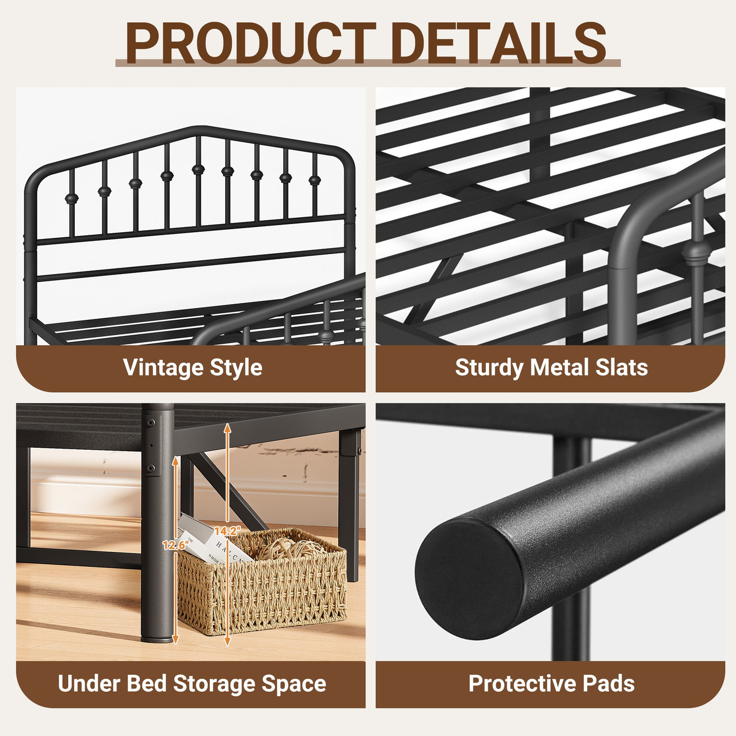 Metal Full Size Bed Frame with High Headboard, Noise-Free Heavy Duty Platform Bed Frames with Center Support Bar for 700lbs Weight Capacity, No Box Spring Needed, Black