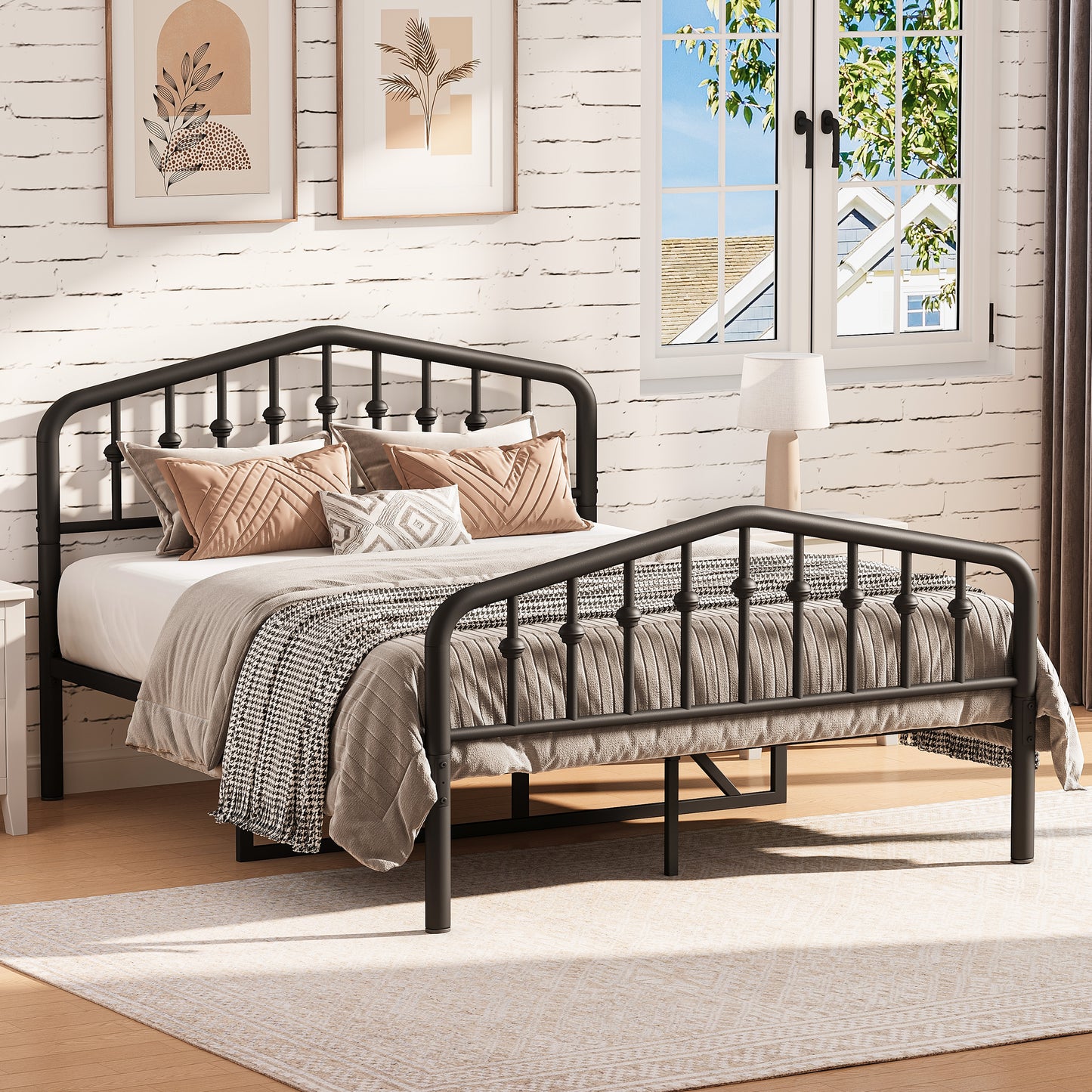 Metal Full Size Bed Frame with High Headboard, Noise-Free Heavy Duty Platform Bed Frames with Center Support Bar for 700lbs Weight Capacity, No Box Spring Needed, Black