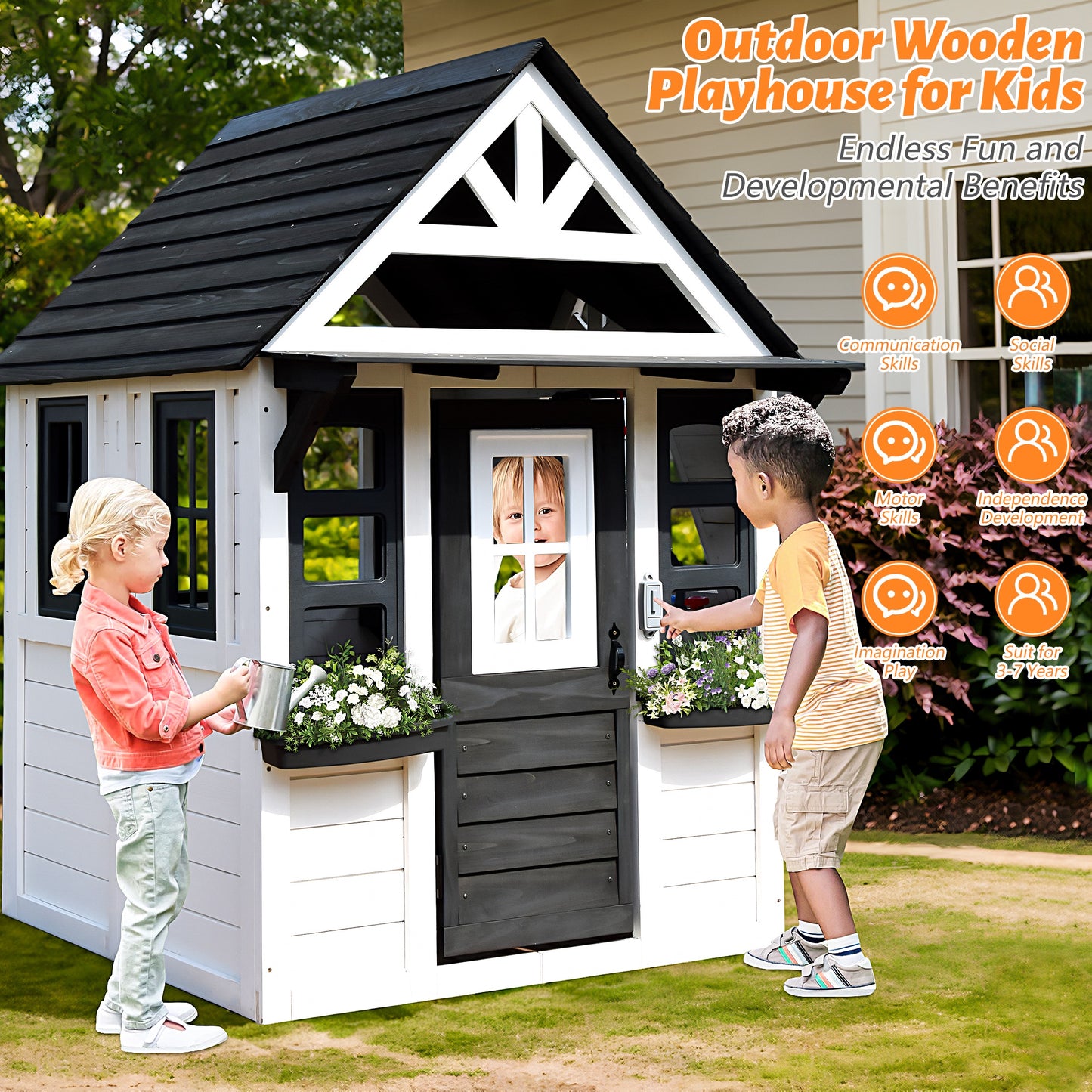 Legahome Outdoor Playhouse, Wooden Playhouse for Kids Outdoor, Kids Play House with Front Door, Flower Pot Holders, Stove, Sink, Doorbell, Windows, Indoor Outdoor Kids Play Equipment Gift for Ages 2+