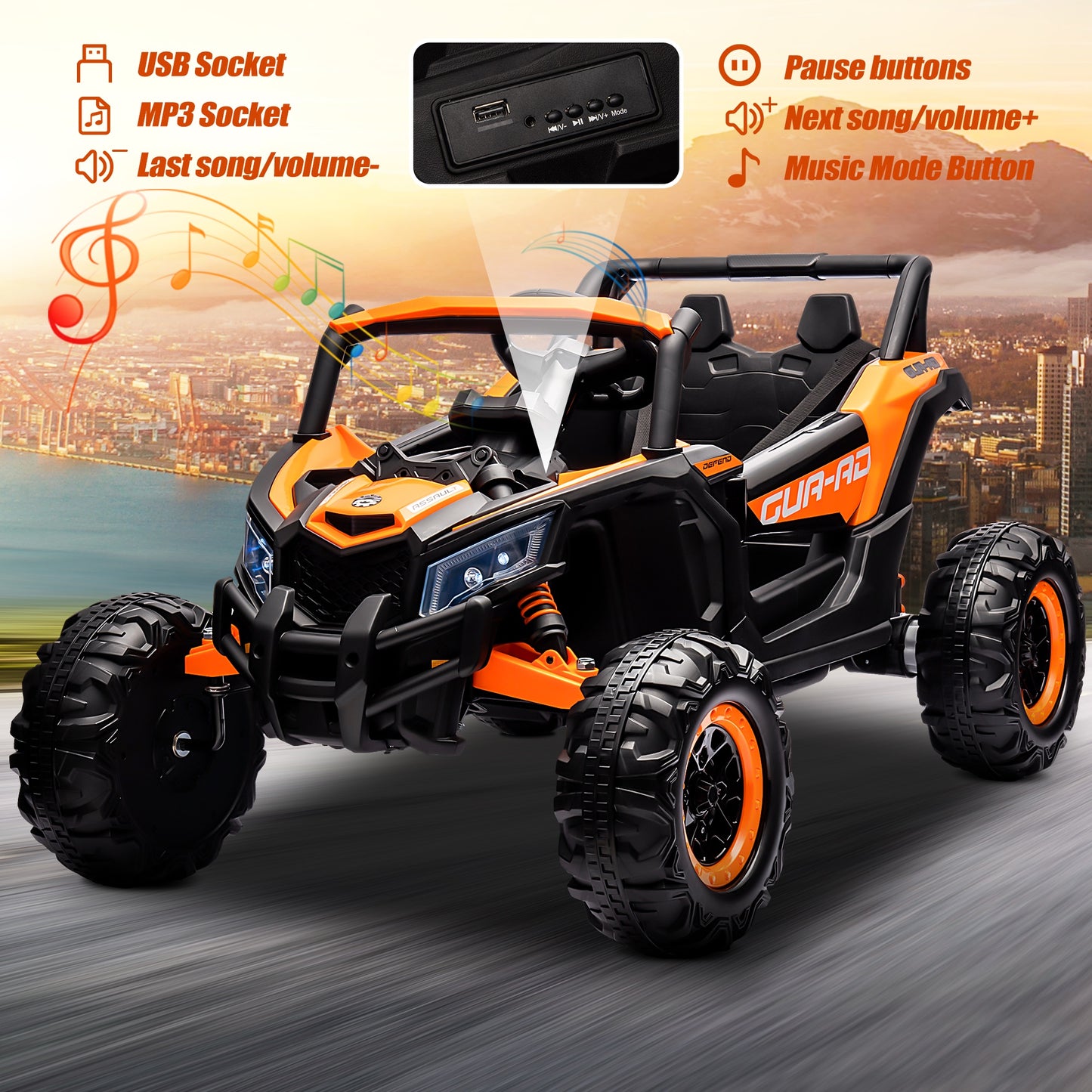 Powered Ride on Toy UTV for Boys, 24 Volt Ride on Cars with Remote Control, Bluetooth, Music Player, Spring Suspension, LED Lights, Larger Seat 4 Wheeler Electric Cars for Kids Girls Gifts, Orange