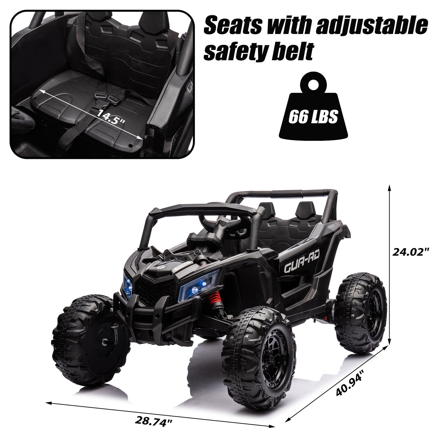 Powered Ride on Toy UTV for Boys, 24 Volt Ride on Cars with Remote Control, Bluetooth, Music Player, Spring Suspension, LED Lights, Larger Seat 4 Wheeler Electric Cars for Kids Girls Gifts, Black
