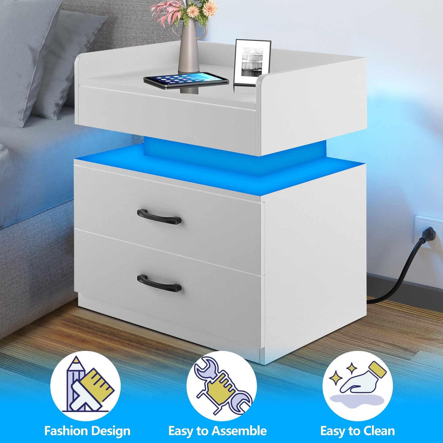 iRerts Side Table with Charging Station, Wood Nightstand with Drawers and LED Lights, Bedside Table with Plug Outlets, 2 USB Ports, Modern End Side Table for Bedroom Living Room Office, White