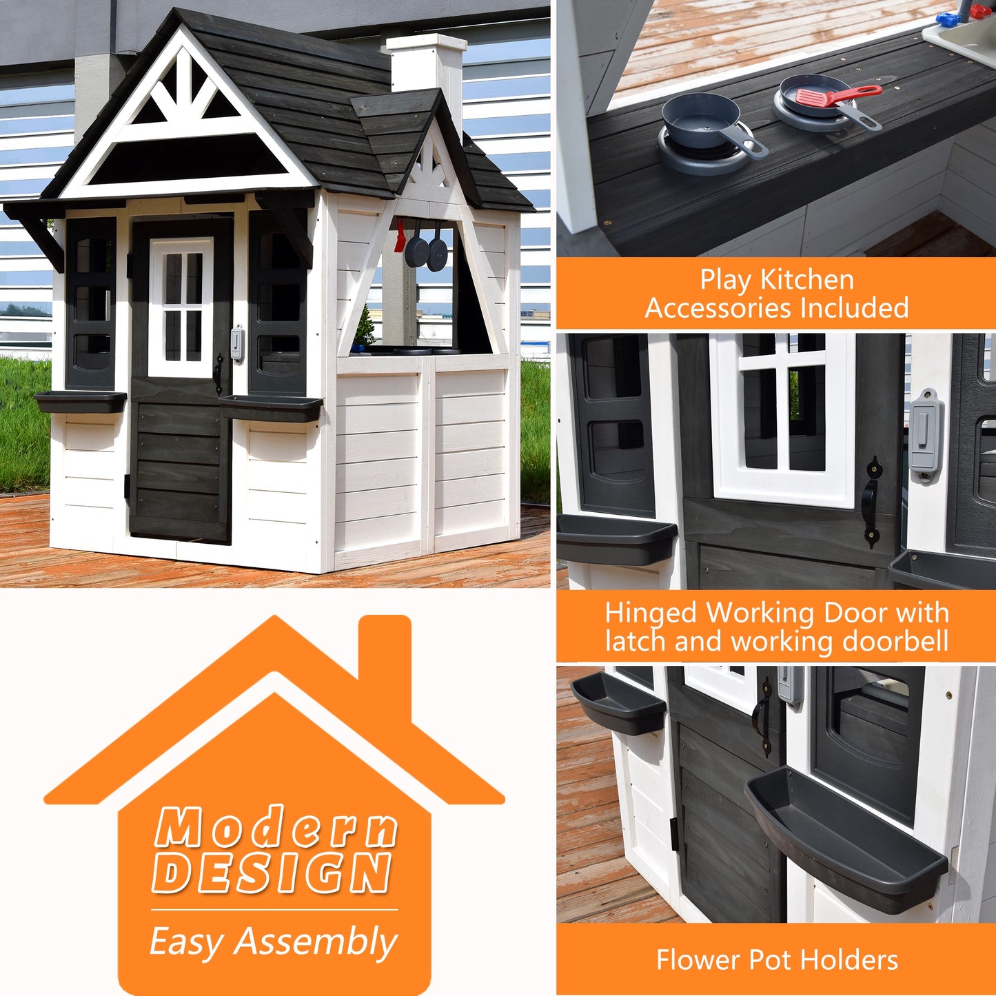 Legahome Outdoor Playhouse, Wooden Playhouse for Kids Outdoor, Kids Play House with Front Door, Flower Pot Holders, Stove, Sink, Doorbell, Windows, Indoor Outdoor Kids Play Equipment Gift for Ages 2+