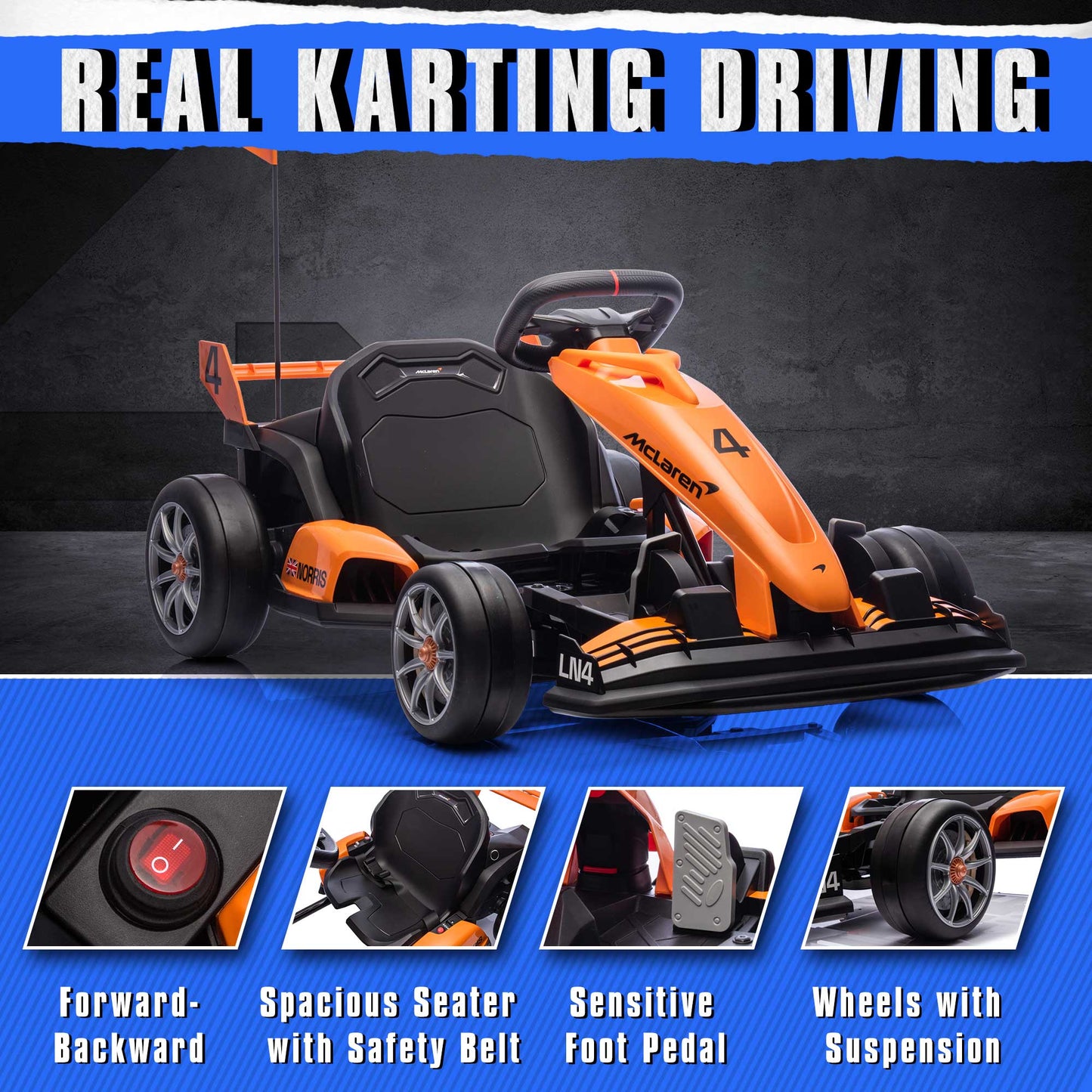 24V Electric Go Kart for Kids, Licensed Mclaren Powered Ride on Toys Go Cart with 400W Powerful Motor, 7.5 MPH Drift Kart Go Kart for Kids Ages 6+ Boys Girls Gifts, Orange