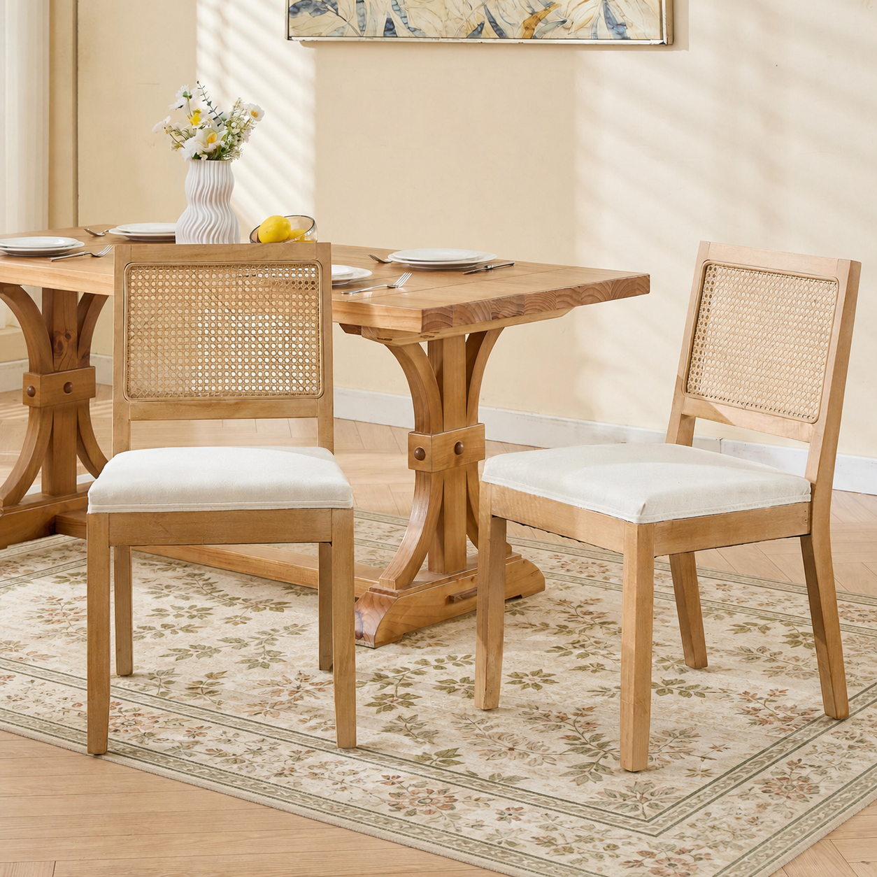 Dining Chairs Set of 2, Modern Farmhouse Dining Chair with Cane Back, LEGAHOME Upholstered Kitchen Chair, Wood Side Chair for Kitchen Dining Room, Beige