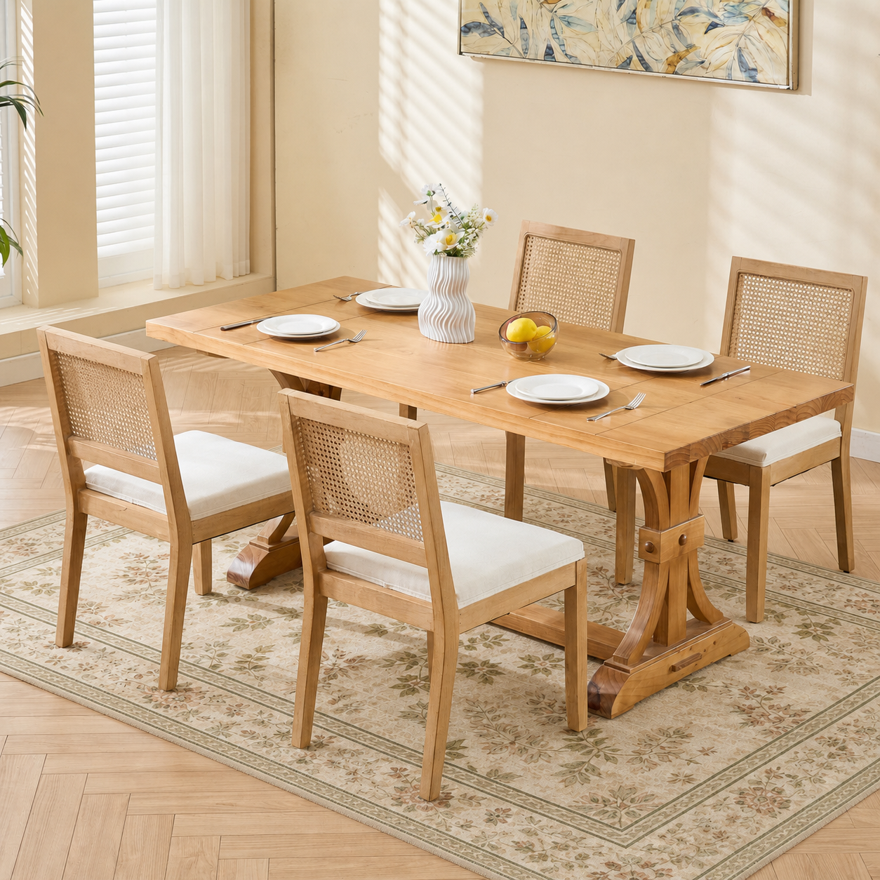 Dining Chairs Set of 2, Modern Farmhouse Dining Chair with Cane Back, LEGAHOME Upholstered Kitchen Chair, Wood Side Chair for Kitchen Dining Room, Beige