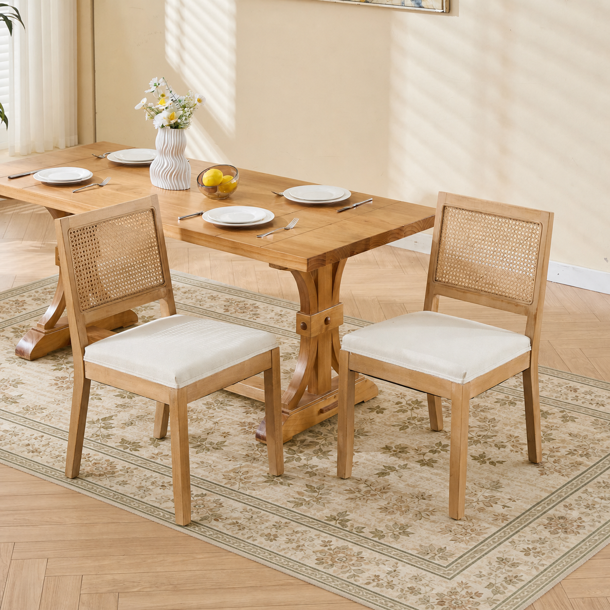 Dining Chairs Set of 2, Modern Farmhouse Dining Chair with Cane Back, LEGAHOME Upholstered Kitchen Chair, Wood Side Chair for Kitchen Dining Room, Beige