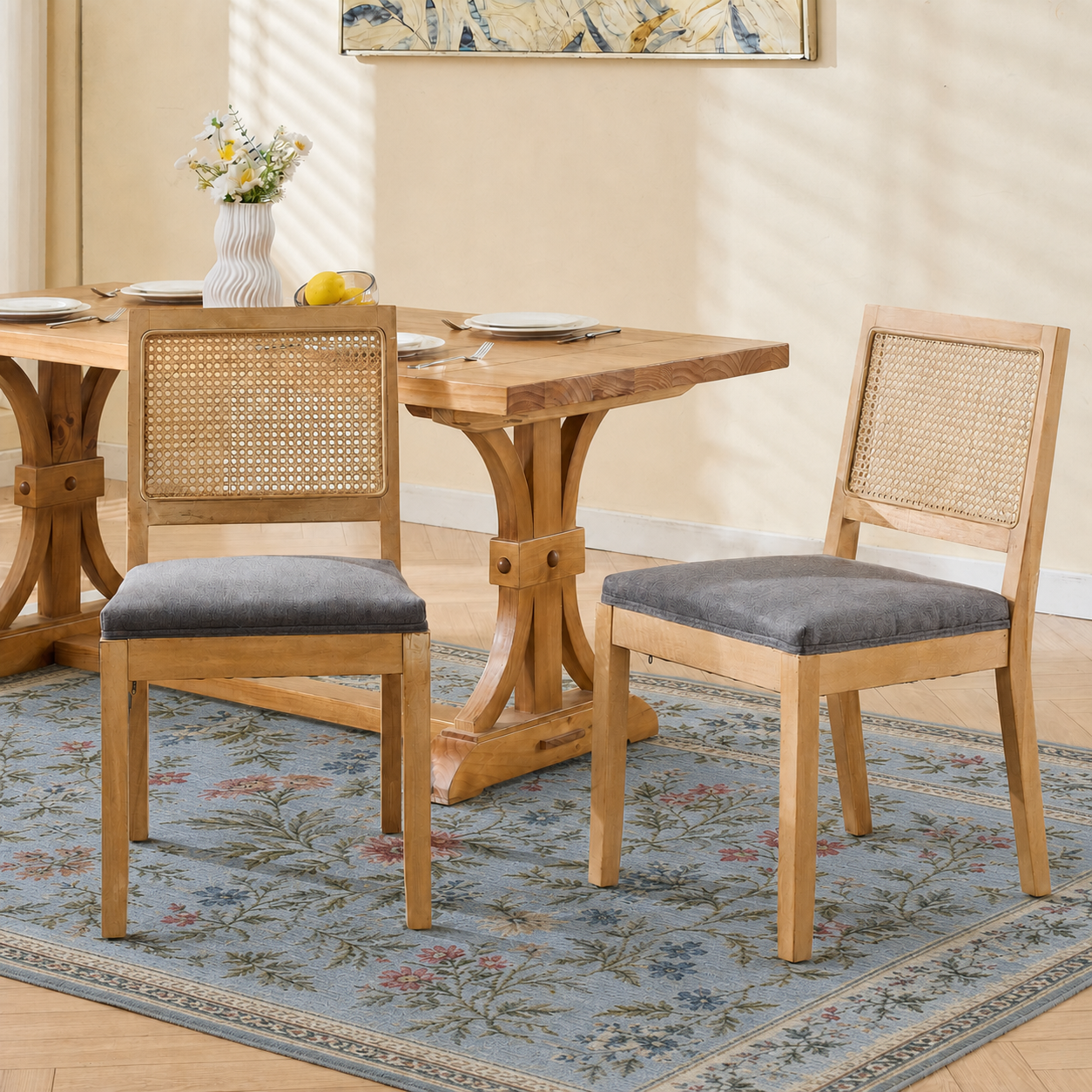Dining Chairs Set of 2, Modern Farmhouse Dining Chair with Cane Back, LEGAHOME Upholstered Kitchen Chair, Wood Side Chair for Kitchen Dining Room, Beige