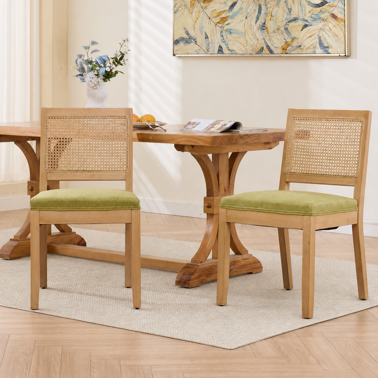 Dining Chairs Set of 2, Modern Farmhouse Dining Chair with Cane Back, LEGAHOME Upholstered Kitchen Chair, Wood Side Chair for Kitchen Dining Room, Beige