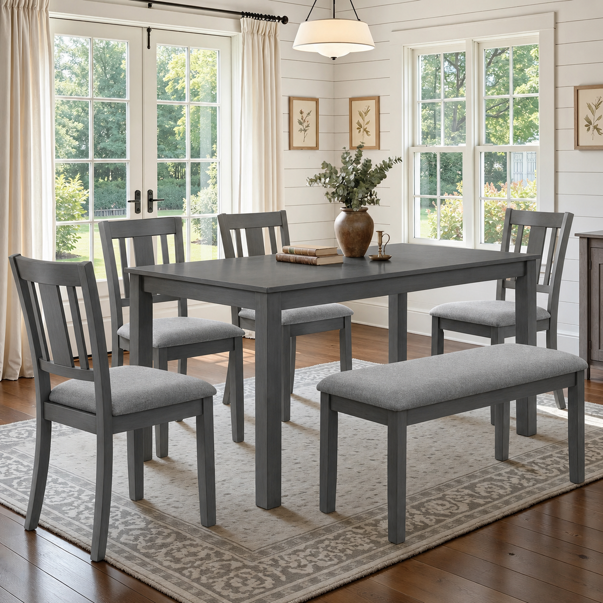 6 Pieces Dining Table Set, Farmhouse Wood Kitchen Table Set for 6 with Bench and 4 Cushioned Chairs, Farmhouse Rectangular Kitchen Dining Table and Chair Set for Dining Room, Gray