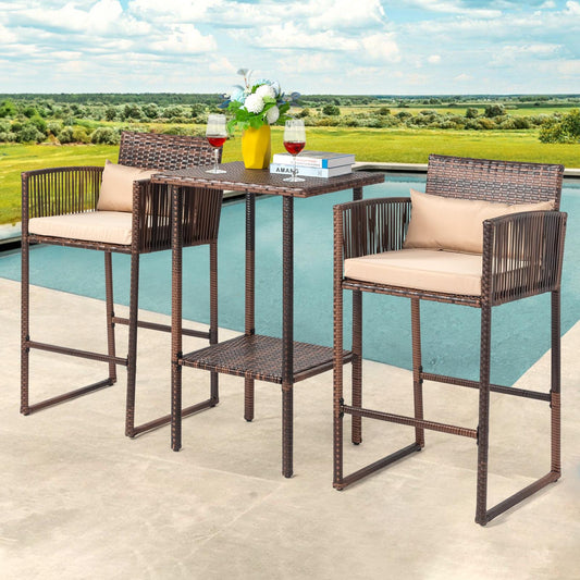 Legahome 3 Pieces Outdoor Patio Bar Set, All Weather Wicker Bar Height Outdoor Table and Chairs Set with Beige Cushion and Pillows, Outdoor Bistro Patio Furniture Set for Backyard Garden Lawn Porch