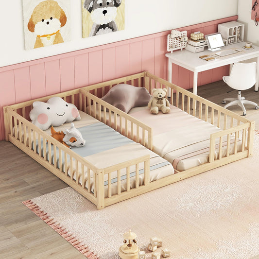 Double Montessori Twin Floor Bed with Fence, Double Twin Size Bed Frame for Kids Boys Girls, Natural