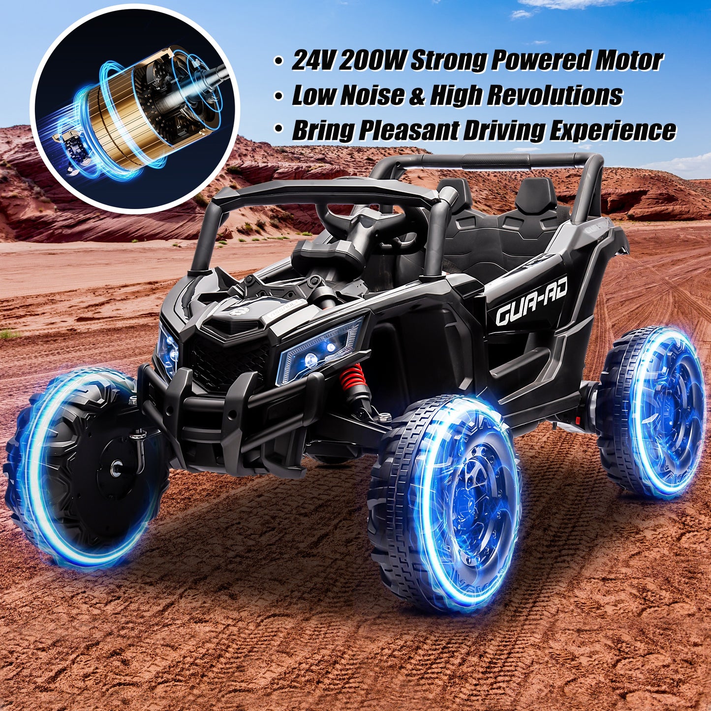 Powered Ride on Toy UTV for Boys, 24 Volt Ride on Cars with Remote Control, Bluetooth, Music Player, Spring Suspension, LED Lights, Larger Seat 4 Wheeler Electric Cars for Kids Girls Gifts, Black