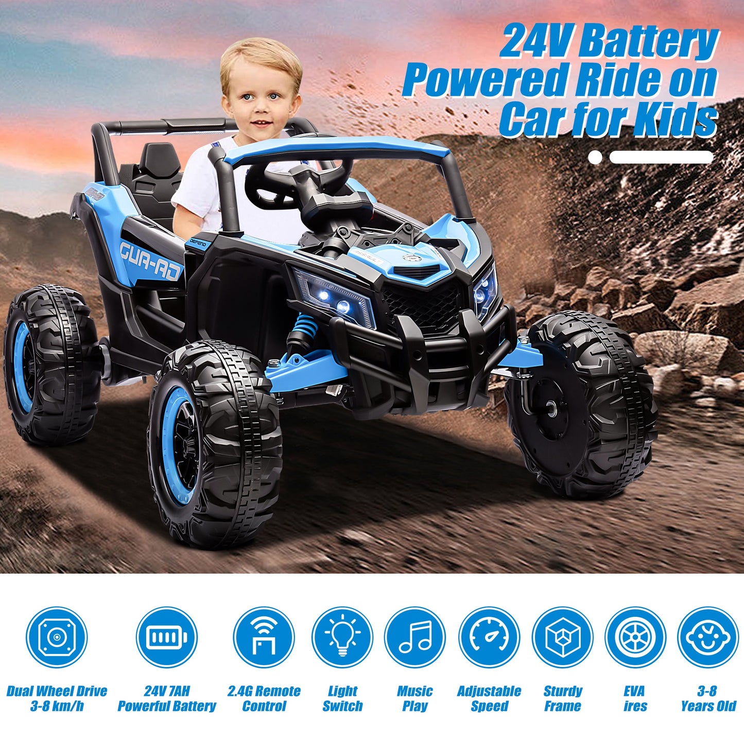 Powered Ride on Toy UTV for Boys, 24 Volt Ride on Cars with Remote Control, Bluetooth, Music Player, Spring Suspension, LED Lights, Larger Seat 4 Wheeler Electric Cars for Kids Girls Gifts, Blue