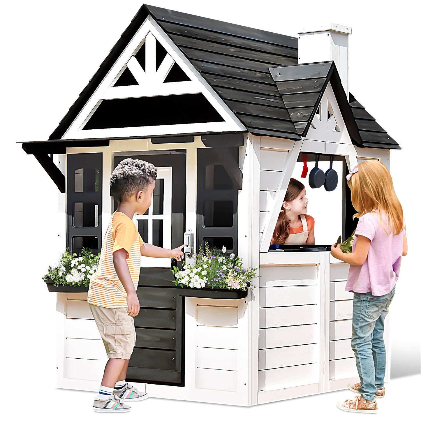 Legahome Outdoor Playhouse, Wooden Playhouse for Kids Outdoor, Kids Play House with Front Door, Flower Pot Holders, Stove, Sink, Doorbell, Windows, Indoor Outdoor Kids Play Equipment Gift for Ages 2+