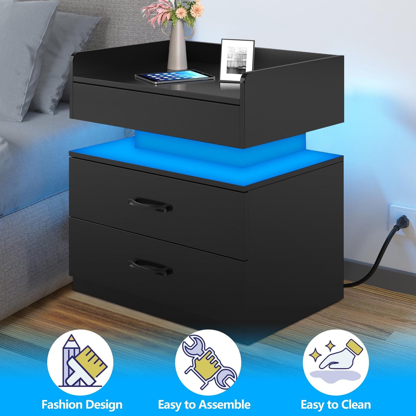 iRerts Side Table with Charging Station, Wood Nightstand with Drawers and LED Lights, Bedside Table with Plug Outlets, 2 USB Ports, Modern End Side Table for Bedroom Living Room Office, Black