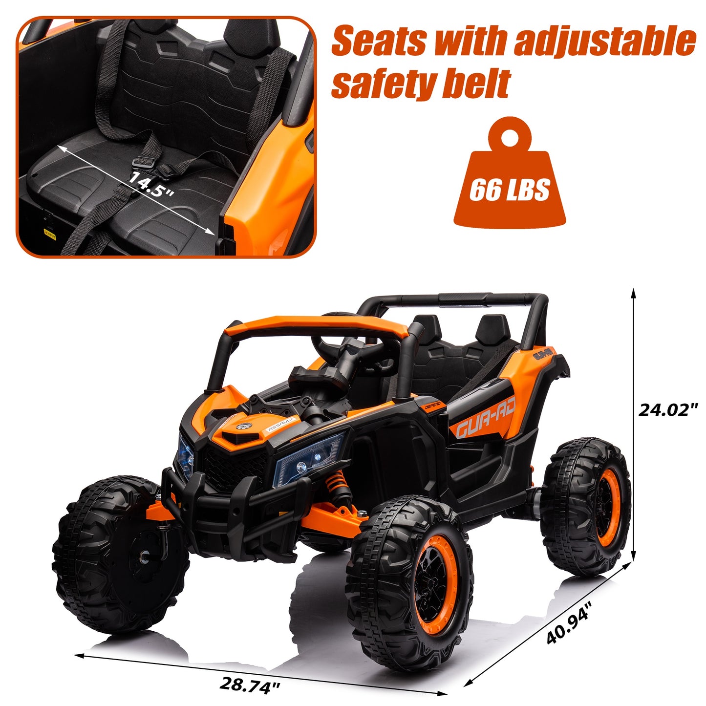 Powered Ride on Toy UTV for Boys, 24 Volt Ride on Cars with Remote Control, Bluetooth, Music Player, Spring Suspension, LED Lights, Larger Seat 4 Wheeler Electric Cars for Kids Girls Gifts, Orange