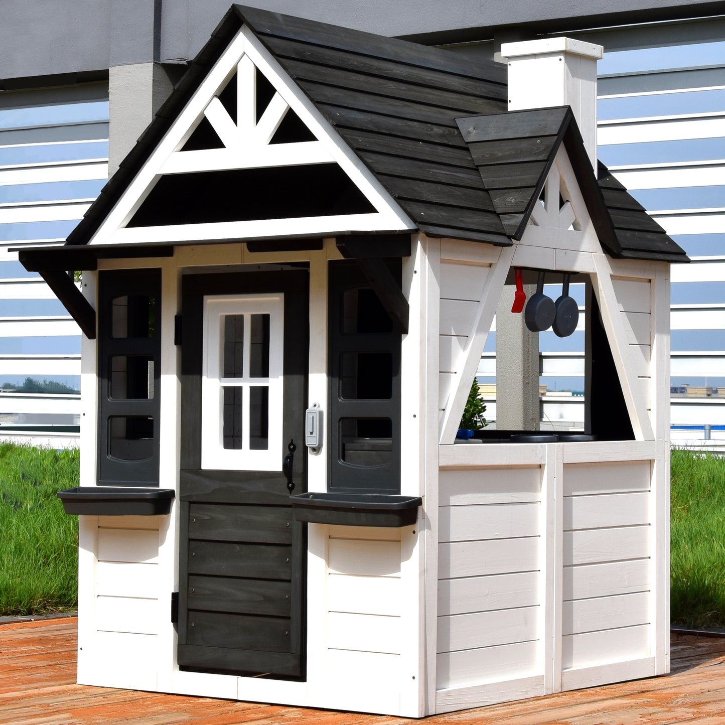 Legahome Outdoor Playhouse, Wooden Playhouse for Kids Outdoor, Kids Play House with Front Door, Flower Pot Holders, Stove, Sink, Doorbell, Windows, Indoor Outdoor Kids Play Equipment Gift for Ages 2+