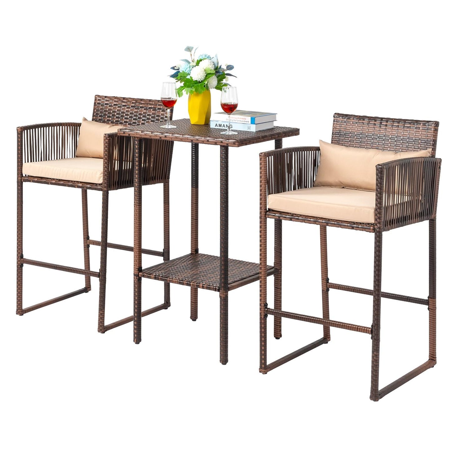 Legahome 3 Pieces Outdoor Patio Bar Set, All Weather Wicker Bar Height Outdoor Table and Chairs Set with Beige Cushion and Pillows, Outdoor Bistro Patio Furniture Set for Backyard Garden Lawn Porch