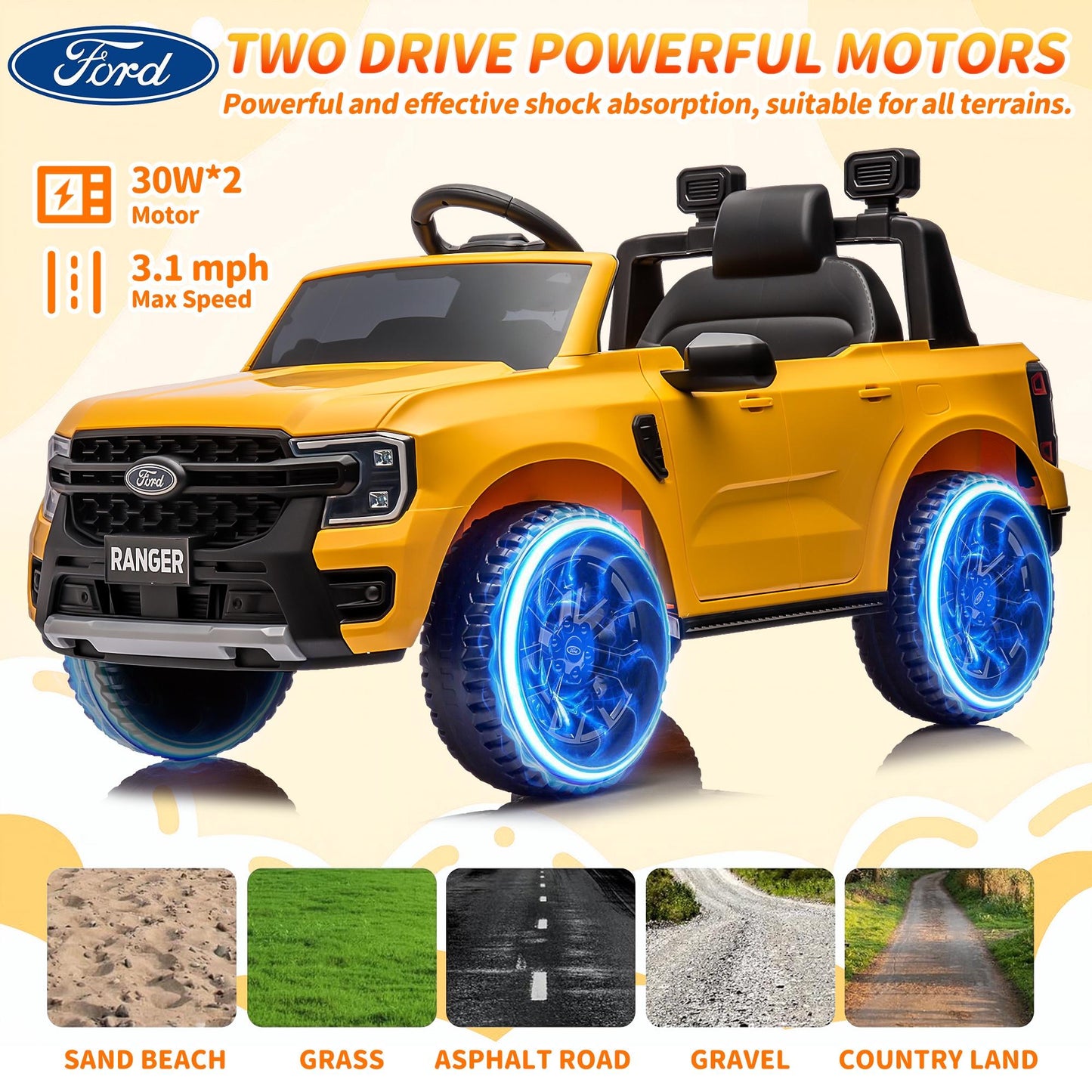 Legahome Yellow 12V Ford Ranger Powered Ride on Car with Remote Control, Kids Electric Car for Boys Girls 3-6 Ages, Kids Ride on Toys with Bluetooth, Music, USB Port, Horn, LED Lights