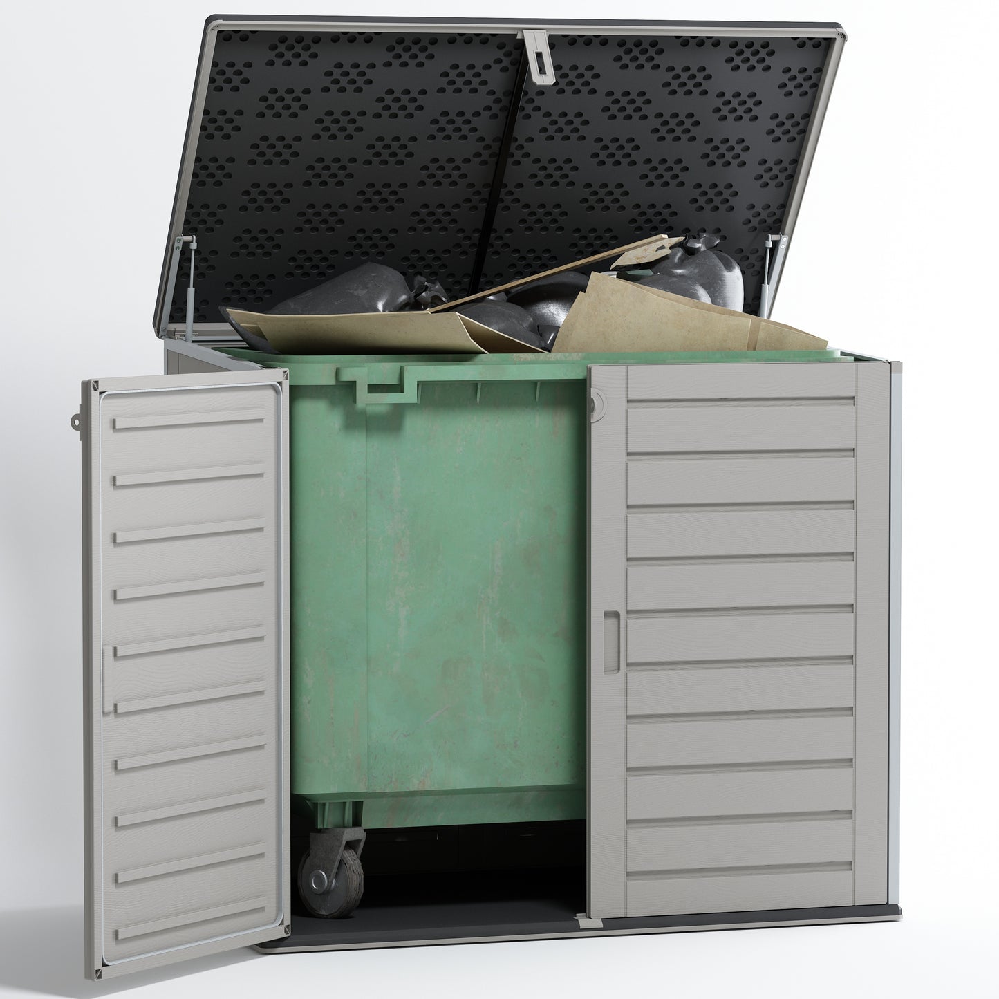 Legahome Outdoor Storage Shed, 304 Gallon Outdoor Trash Storage Shed with Floor and Locking Latch, Waterproof UV Protection Storage Deck Box Tool Shed for Trash Cans/Garden Tools/Lawn Mower/Bike, Gray