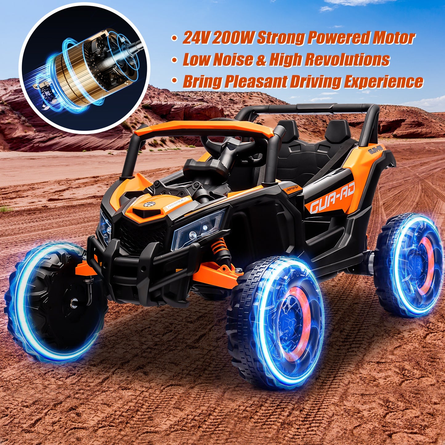 Powered Ride on Toy UTV for Boys, 24 Volt Ride on Cars with Remote Control, Bluetooth, Music Player, Spring Suspension, LED Lights, Larger Seat 4 Wheeler Electric Cars for Kids Girls Gifts, Orange
