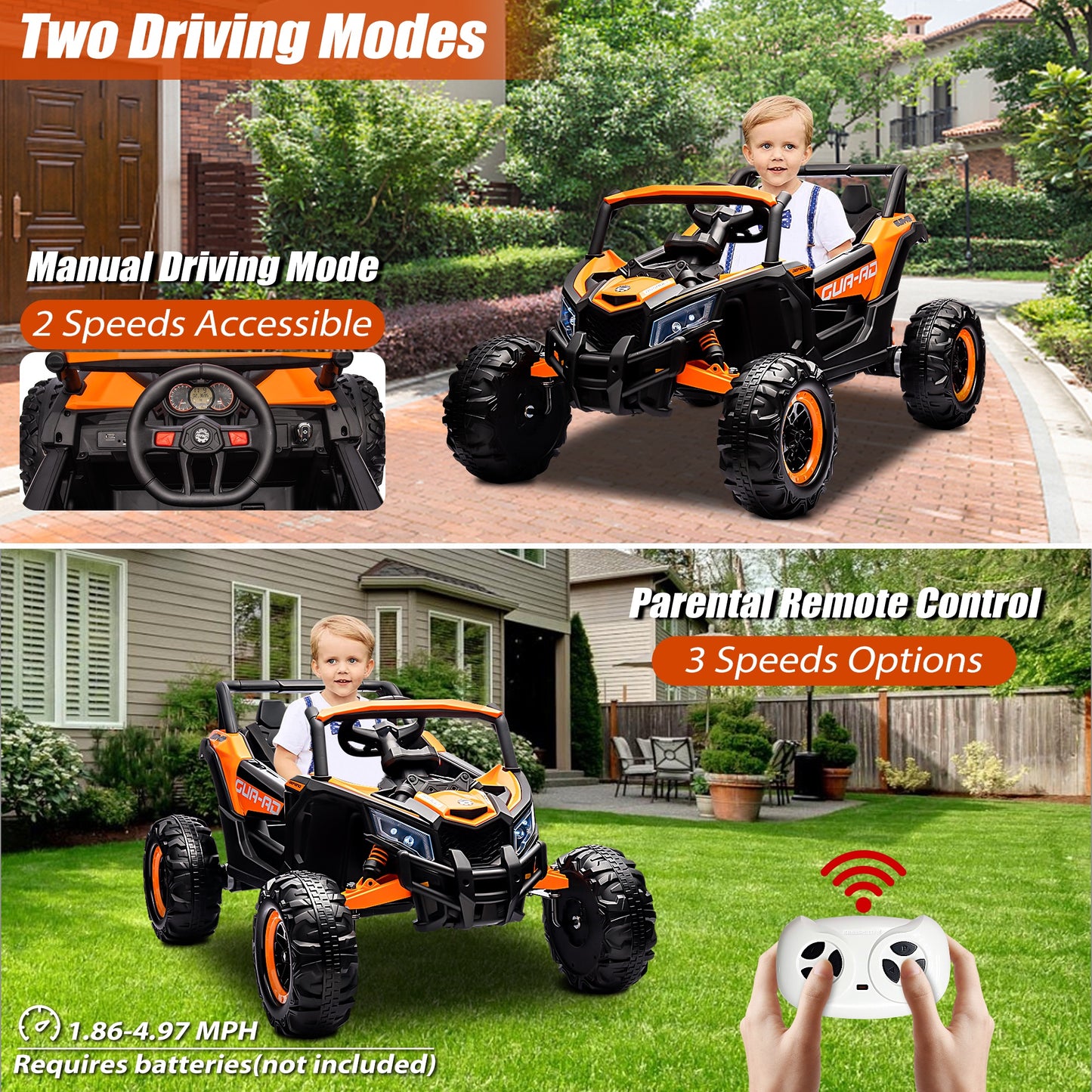 Powered Ride on Toy UTV for Boys, 24 Volt Ride on Cars with Remote Control, Bluetooth, Music Player, Spring Suspension, LED Lights, Larger Seat 4 Wheeler Electric Cars for Kids Girls Gifts, Orange