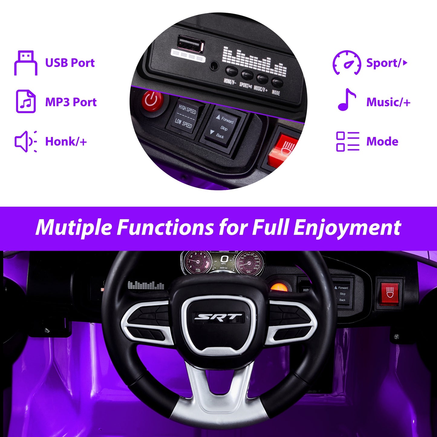 Legahome Purple 12v Kids Electric Cars, Licensed Dodge Charger Kids Ride on Cars with Remote Control, Battery Powered Ride on Toys with Bluetooth, Music, USB, MP3, 4 Wheel Suspension