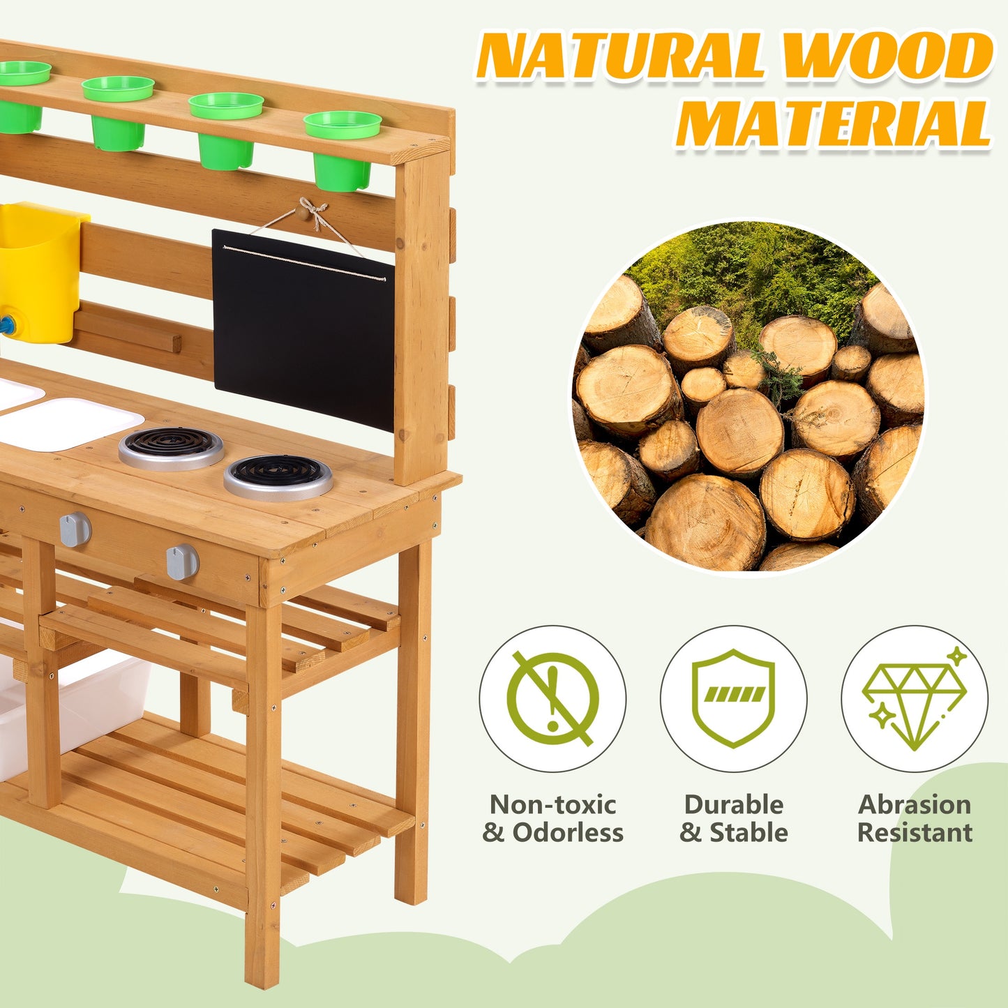 Legahome Kitchen Toys for Boys Girls Kids, Wooden Outdoor Mud Kitchen Kids Kitchen Playset Kids Play Kitchen Toy Set with Sand and Water Pan, Play Sink, Pretend Toy Kitchen Set for Kids Birthday Gifts