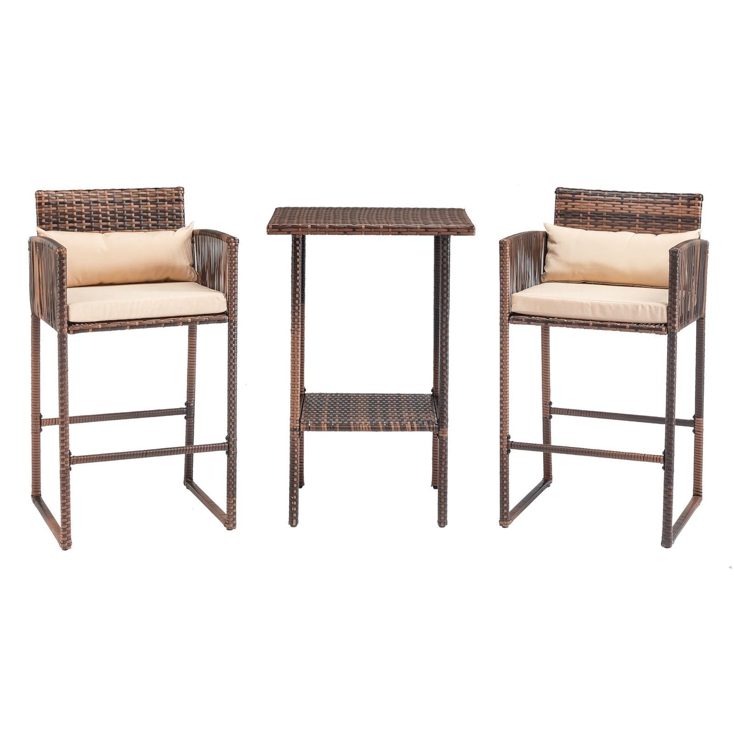 Legahome 3 Pieces Outdoor Patio Bar Set, All Weather Wicker Bar Height Outdoor Table and Chairs Set with Beige Cushion and Pillows, Outdoor Bistro Patio Furniture Set for Backyard Garden Lawn Porch