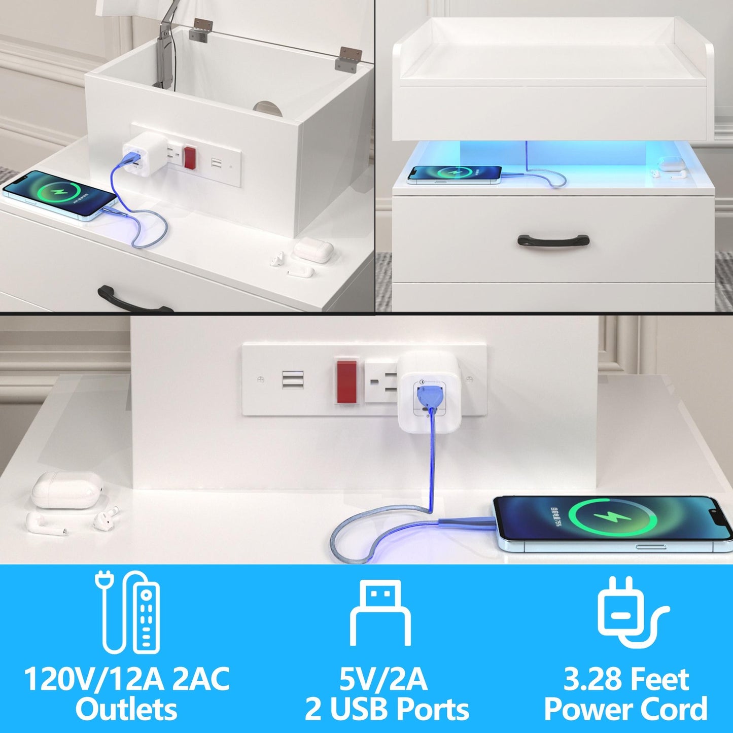 iRerts Side Table with Charging Station, Wood Nightstand with Drawers and LED Lights, Bedside Table with Plug Outlets, 2 USB Ports, Modern End Side Table for Bedroom Living Room Office, White