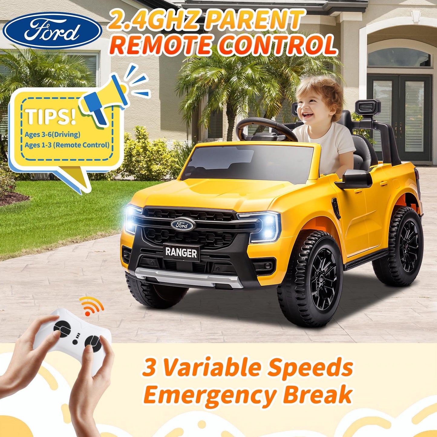 Legahome Yellow 12V Ford Ranger Powered Ride on Car with Remote Control, Kids Electric Car for Boys Girls 3-6 Ages, Kids Ride on Toys with Bluetooth, Music, USB Port, Horn, LED Lights