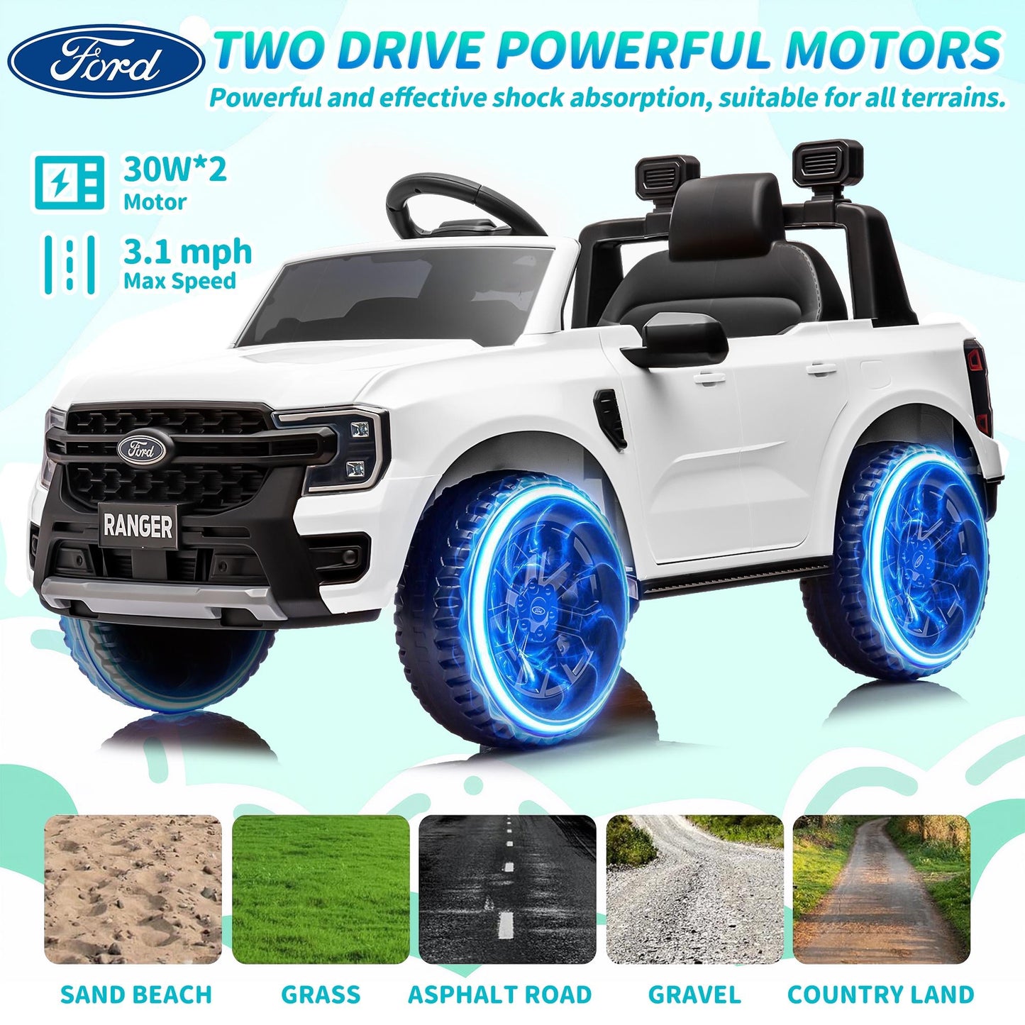 Legahome White 12V Ford Ranger Powered Ride on Car with Remote Control, Kids Electric Car for Boys Girls 3-6 Ages, Kids Ride on Toys with Bluetooth, Music, USB Port, Horn, LED Lights